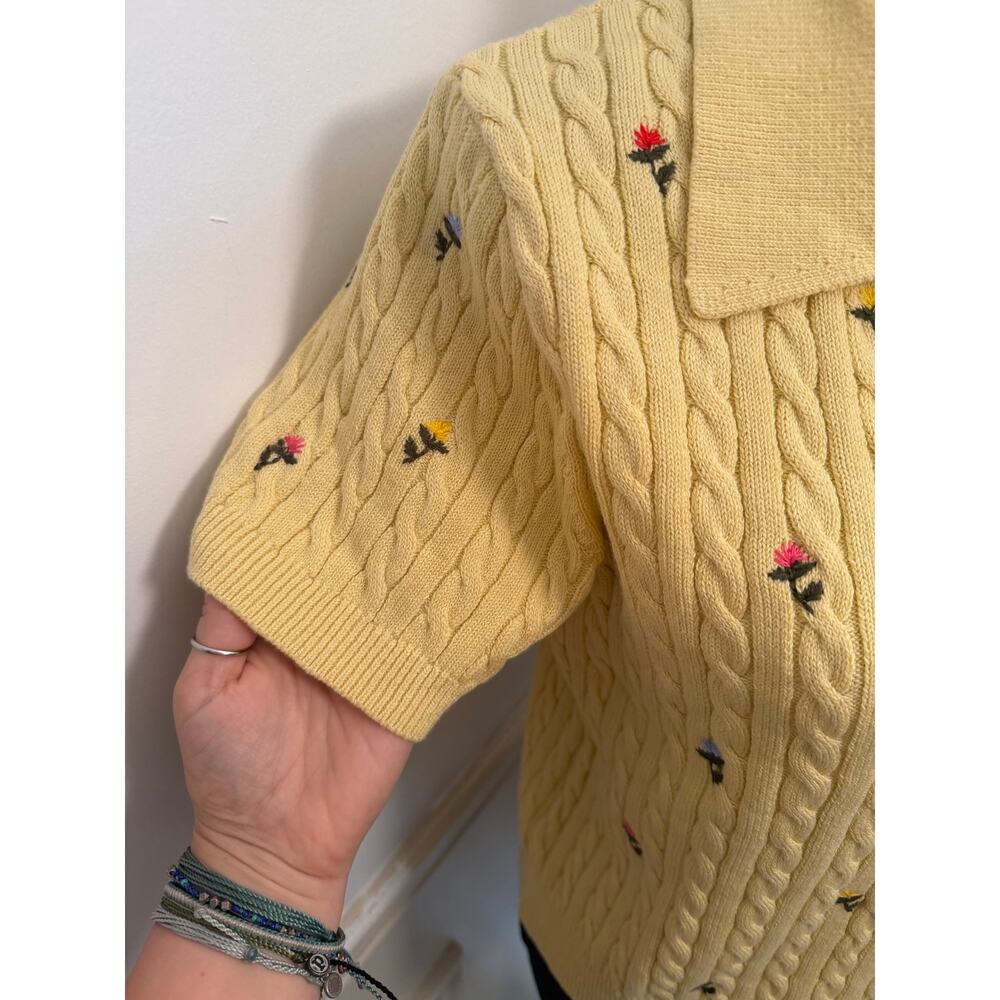 NWT Calligraphie Yellow Cable Knit Floral Embroidered Sweater Polo Top Cottage - Picture 2 of 8